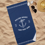 カスタムWelcome Aboard Boat Name Navy Blue ビーチタオル