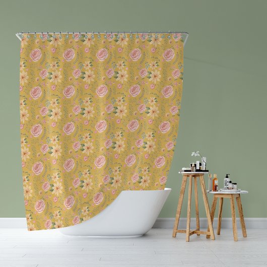 カスタードイエローヴィンテージワイルドフラワーバラパターン シャワーカーテン
