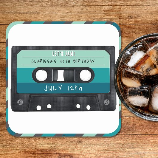 カセットテープブルーレトロ誕生日パーティー スクエアペーパーコースター