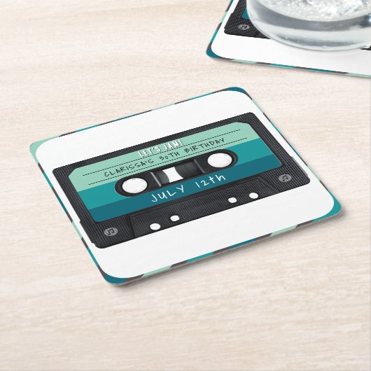 カセットテープブルーレトロ誕生日パーティー スクエアペーパーコースター (アングル)