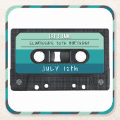 カセットテープブルーレトロ誕生日パーティー スクエアペーパーコースター (正面)