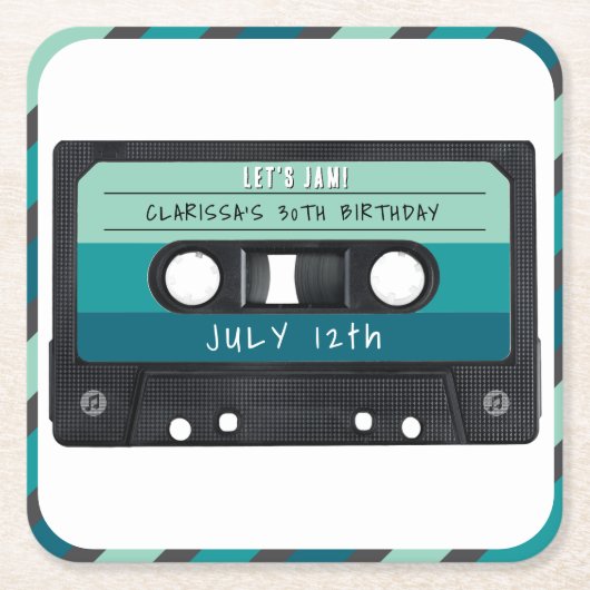 カセットテープブルーレトロ誕生日パーティー スクエアペーパーコースター (正面)