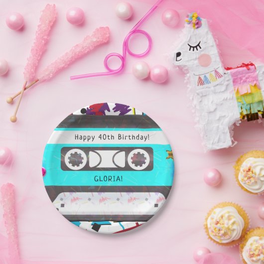 カセットテープレトロ80年代90年代テーマ誕生日パーティー ペーパープレート (パーティー)