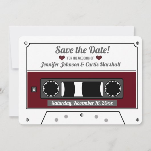 カセットテープワインレッド結婚式の日付を保存 招待状 (正面)