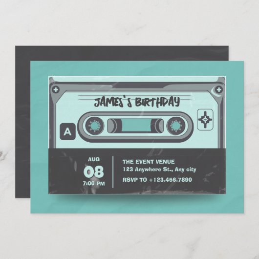 カセットテープヴィンテージグリーンブラック誕生日 招待状 (正面/裏面)