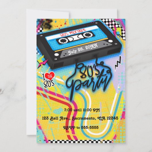 カセットテープ80年代1980年代のテーマ誕生日パーティー 招待状 (裏面)