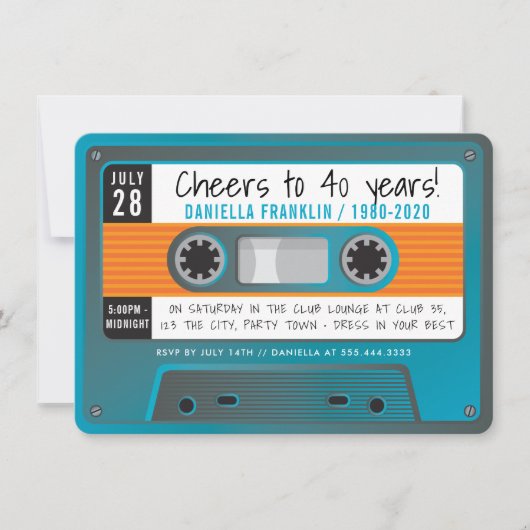 カセットテーモダンプディスコ誕生日アクアブルー 招待状 (正面)