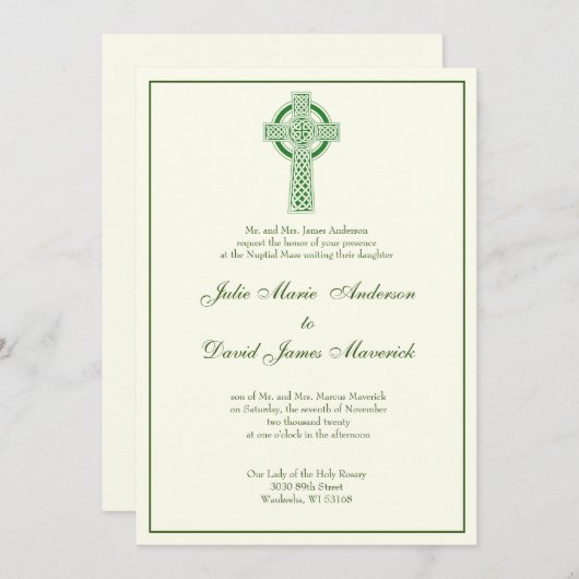カソリッエレガントクアイリッシュケルト十字アイボリー結婚ズ 招待状 (正面/裏面)
