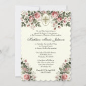 カソリッエレガントクフローラピンクローズバプテスマ 招待状 (正面)