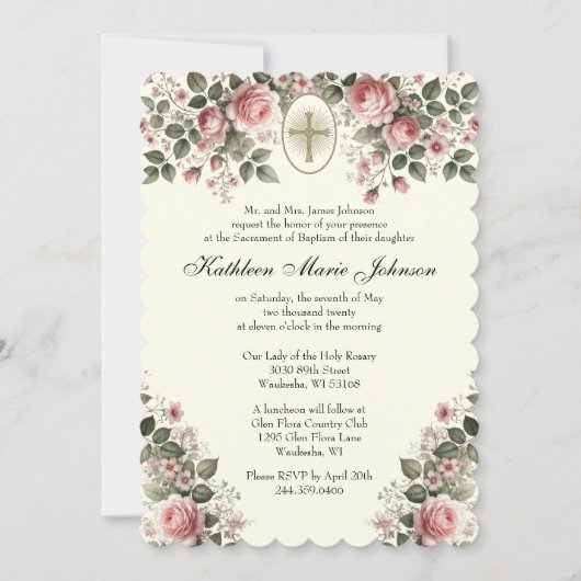 カソリッエレガントクフローラピンクローズバプテスマ 招待状 (正面)