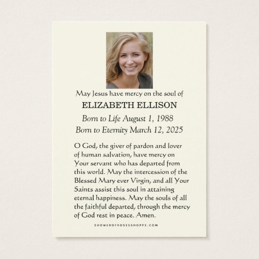 カソリックイエズス神慈悲の葬儀祈りの言葉カード (裏面)