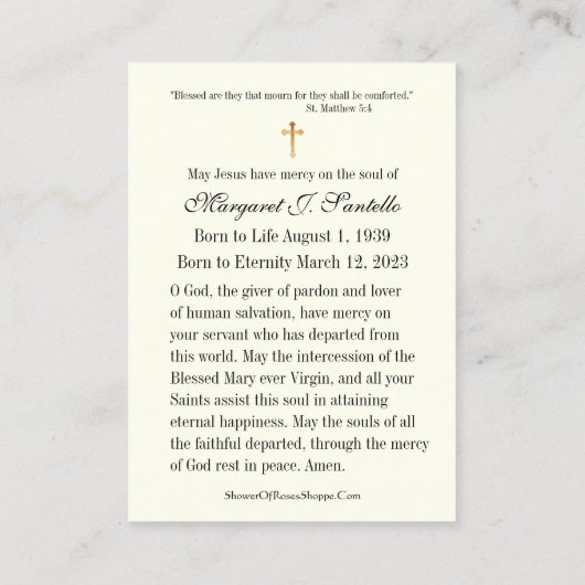 カソリックイエズス追悼式祈りの言葉カード 名刺 (裏面)