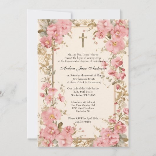 カソリックガールバプテスマ賛美《キリスト教》洗礼式や命名式マザー 招待状 (正面)