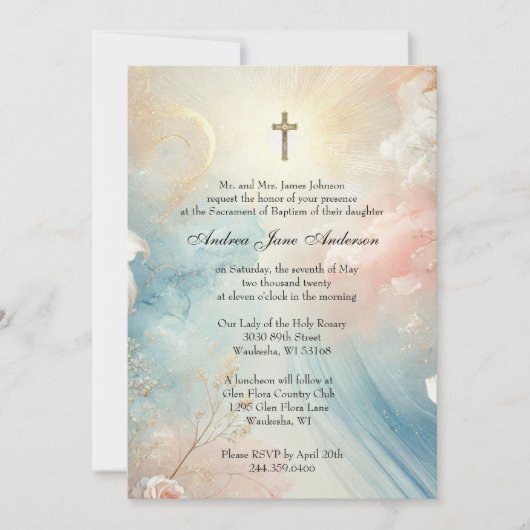 カソリックバプテスマ《キリスト教》洗礼式や命名式パステルフローラ 招待状 (正面)