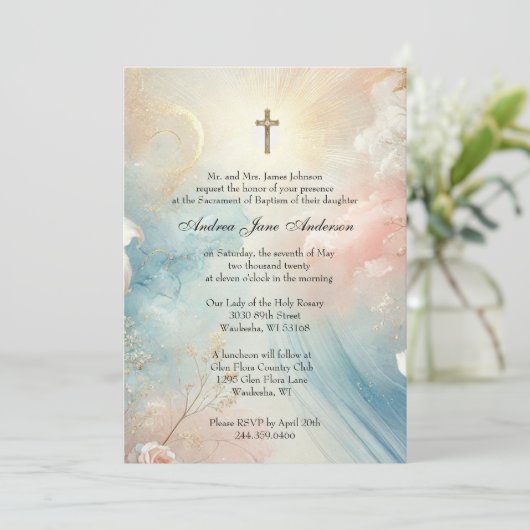 カソリックバプテスマ《キリスト教》洗礼式や命名式パステルフローラ 招待状 (スタンド正面)