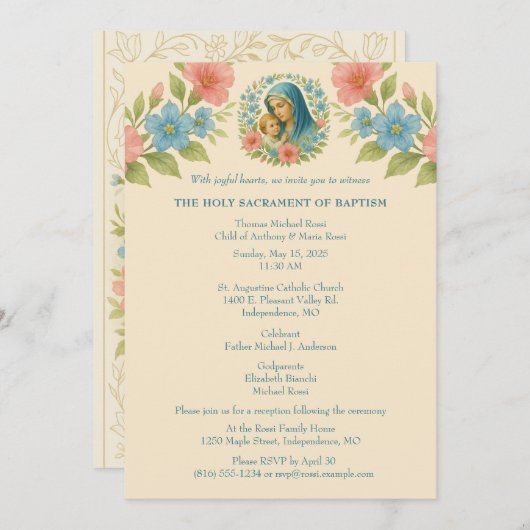 カソリックバプテスマ《キリスト教》洗礼式や命名式メアリーイエス 招待状 (正面/裏面)