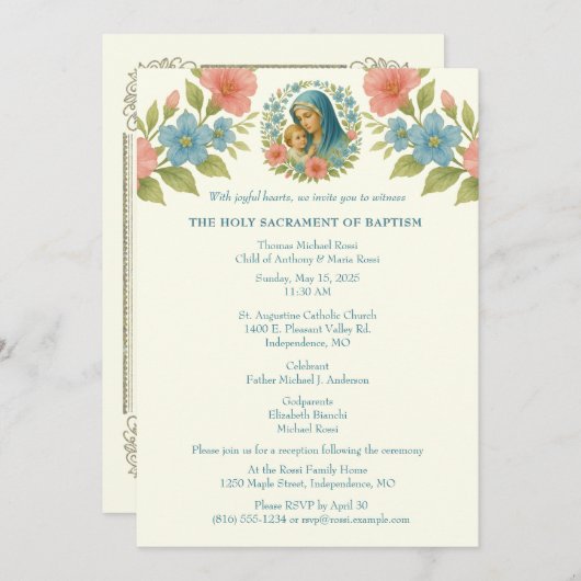 カソリックバプテスマ《キリスト教》洗礼式や命名式メアリーイエス 招待状 (正面/裏面)