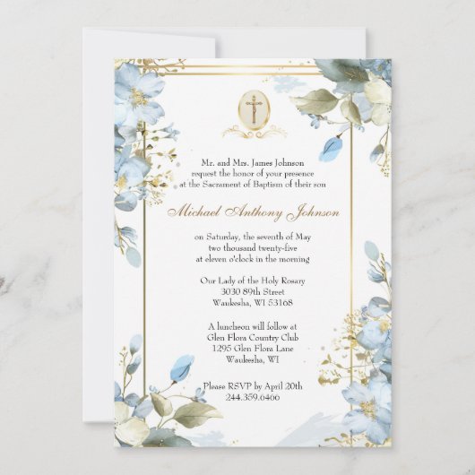 カソリックバプテスマ《キリスト教》洗礼式や命名式メアリーイエズブルー 招待状 (正面)