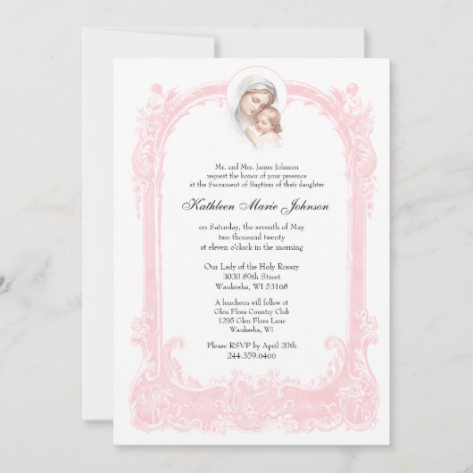 カソリックピンクバプテスマ《キリスト教》洗礼式や命名式メアリーイエス 招待状 (正面)