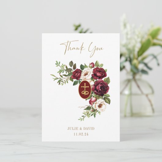 カソリックフローラ金ゴールド結婚十字架 サンキューカード (スタンド正面)