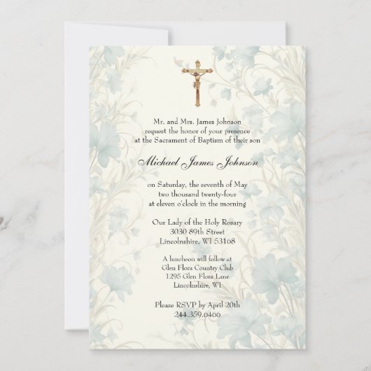 カソリックブルーフローラバプテスマ《キリスト教》洗礼式や命名式ベビー 招待状 (正面)