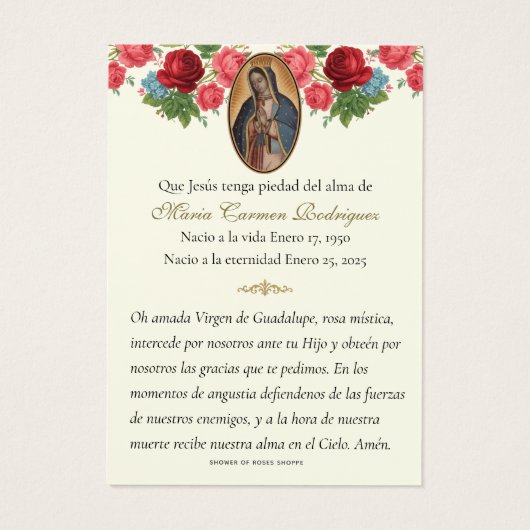 カソリック記念グアダルーペ葬儀祈りの言葉 (裏面)