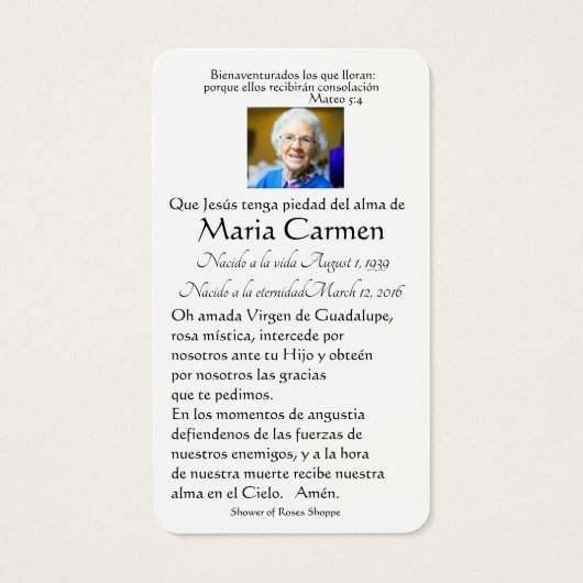 カソリッスペインのク・マリア葬儀記念神聖カード – (裏面)