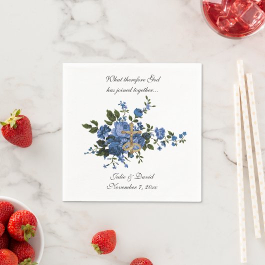 カソリッ結婚クの青い花の金ゴールドクロスエレガント スタンダードカクテルナプキン (インサイチュ)