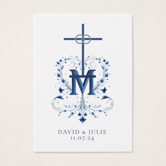 カソリッ結婚クスの祈りの言葉カードブルーマリアン・クロス (正面)