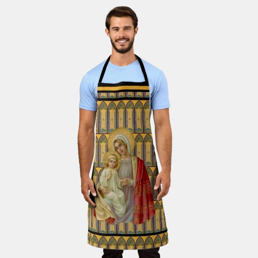 カソリッ賛美クヴァージンメアリーイエスのステンドグラス エプロン (着用した状態)