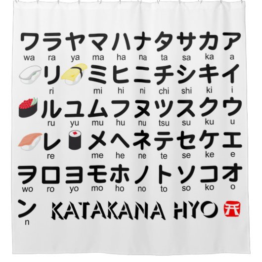 カタカナ日本のテーブル（すし） シャワーカーテン (正面)