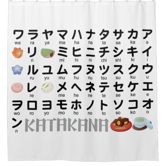 カタカナ日本のテーブル（和菓子） シャワーカーテン (正面)