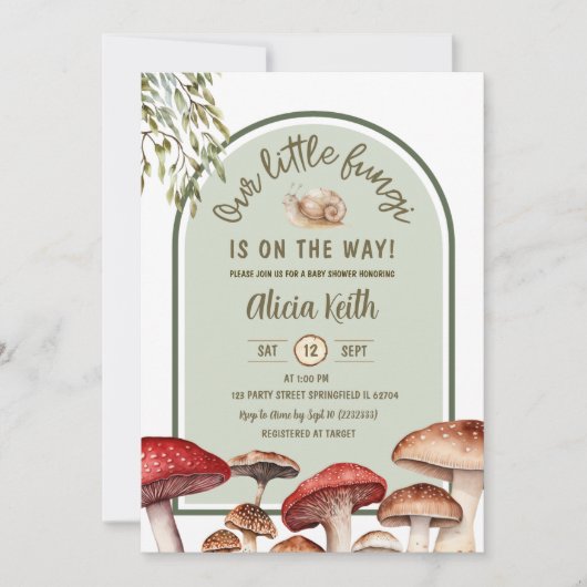 カタツムリとマッシュルームの森の赤ちゃんシャワー 招待状 (正面)