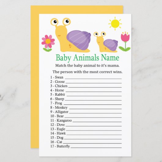 カタツムリ赤ちゃん動物の名前ゲーム (正面/裏面)