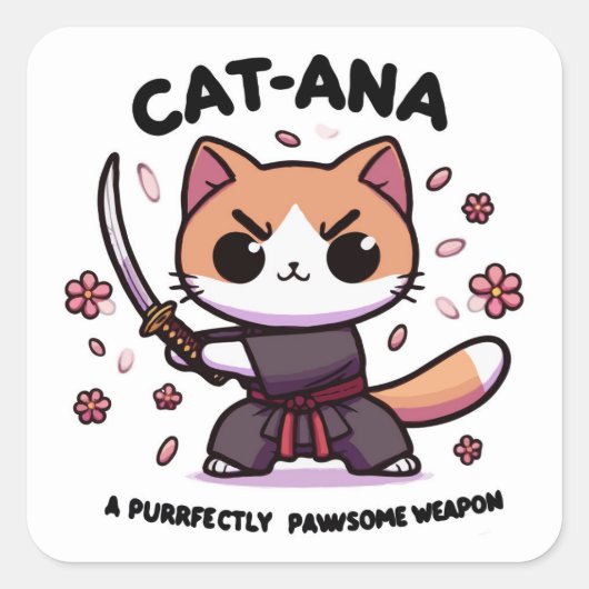 カタナサムライ – 愛らしい猫戦士 スクエアシール (正面)