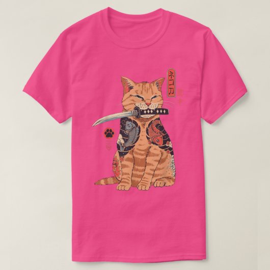 カタナ猫ヴィンテージかわいい日本のインスピレーション猫 Tシャツ (デザイン正面)