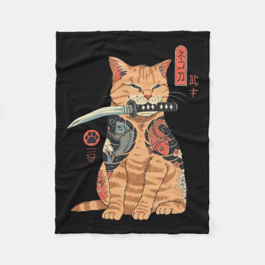 カタナ猫ヴィンテージ日本の可愛インスパイア猫 フリースブランケット (正面)