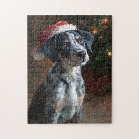 カタフーラ・レオパード・ハウンドの子犬のクリスマス絵画 ジグソーパズル (縦)