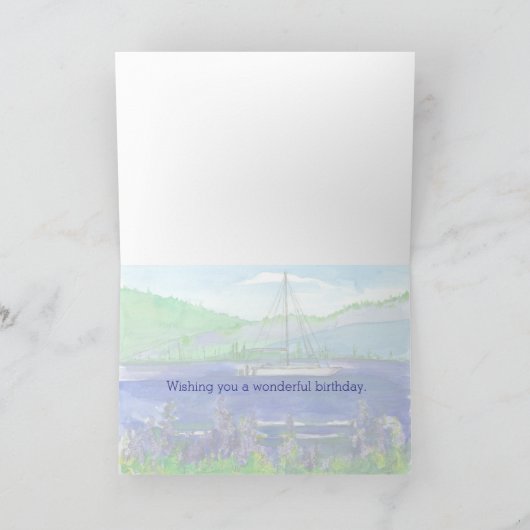 カタマランマウンテンレイクウォーターカラーハッピーバースデー カード (内部)