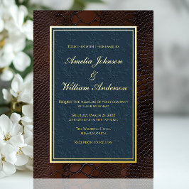 カタムケスキンレザービクトリアンブラウンブルー結婚ズ 箔招待状