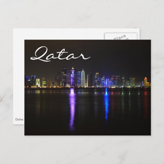 カタールのドーハのスカイライン夜の文字はがき ポストカード (正面/裏面)