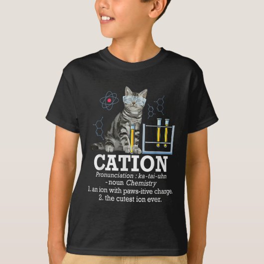 カチオンおもしろい – 化学ユーモア科学先生猫 Tシャツ (正面)