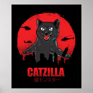 カチラモンスターキャットが破壊超高層ビル建物 ポスター