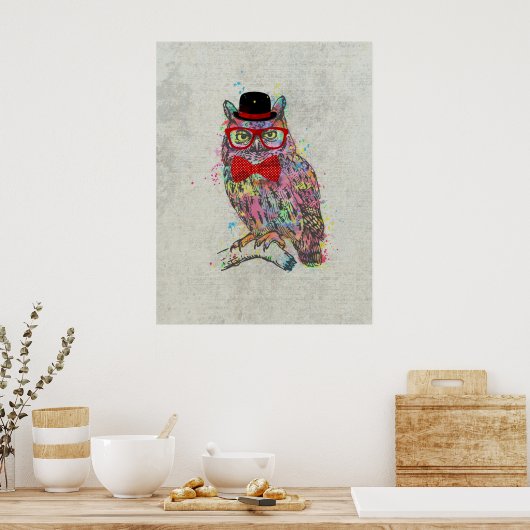 カッコいいおもしろいトレンディーカラフル水色フクロウ ポスター (キッチン)