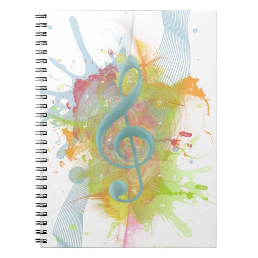 カッコいいカラフルウォーター色(ばちゃばちゃ)跳ねる音符 ノートブック (正面)