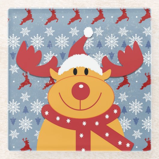 カッコいいクリスマスのトナカイ ガラスコースター (正面)