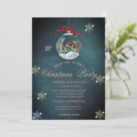 カッコいいクリスマスボール、雪片の会社パーティー 招待状 (スタンド正面)