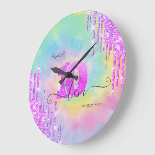 カッコいいグリッタードリップ絞り染め10誕生日 ラージ壁時計 (傾斜)