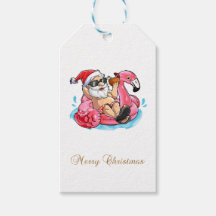 カッコいいサンタクロース、ピンクフラミンゴ、ビーチ《写真》ぼけ味