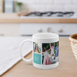 カッコいいシンプルPhoto Collage & Monogram コーヒーマグカップ<br><div class="desc">家族の思い出カッコいいや写真やバ結婚ケーションスナップなど自分の思い出を思い出せモノグラムのば、このコラージュのマグカップを使って自分の写真を作ろう！このシンプルデザインはInstagramの4つお気に入りののスナップを前面と中央に、イニシャルモノグラムと共に独身の両側に置く。お友達カスタマイズ、子供、孫、ペット、またはあなたの場所の6つの正方形の写真とお気に入りの、日当たりの良いターコイズアクアスクエア上の白いレタリングにあなたのイニシャルと。</div>